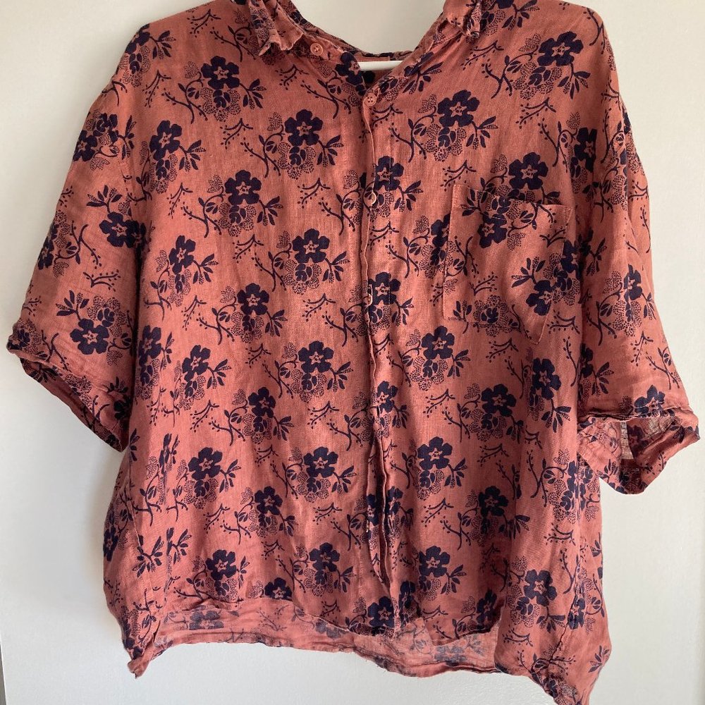 Rose-Colored Linen Print Button down - some button repair needed